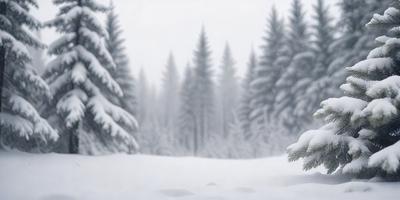 The primary subject of the image is a snow-covered forest with trees. The setting is a snowy landscape, and the visual style appears to be a photo. The dominant colors are white and gray, creating a serene and cold atmosphere.